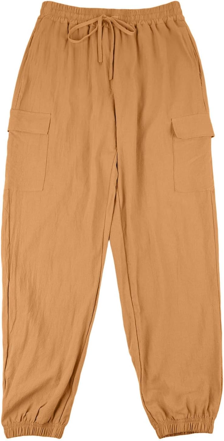 Linen Pants for Men Elastic Waist Drawstring Cargo Pants Loose Casual Beach Trousers Outdoor Joggers with Pockets