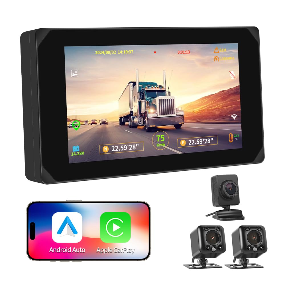 【新品・未使用】Motocam バックカメラモニターセット 3カメラ CarPlay＆Android Auto 3画面分割表示 5インチ 1080PフルHD 録画機能付き GPSモジュール Amazon.co.jp: Motocam バックカメラモニターセット 3カメラ