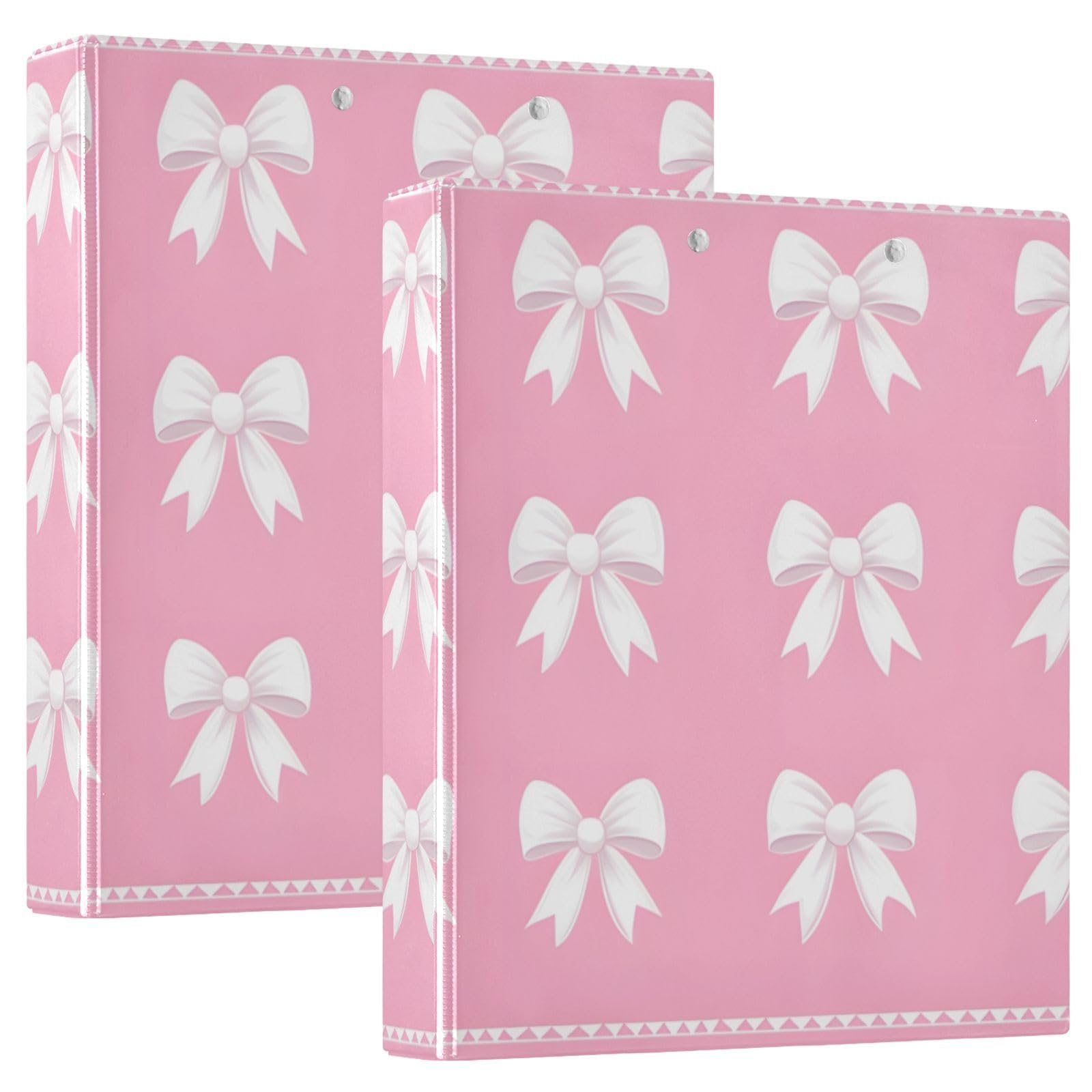 White Bows Pink 3 Ring Binder with 2 Interior Pockets 1.5 inch Binders 3 Ring Heavy Duty Fit 8.5" x 11" Letter for Office School, 2 Pack