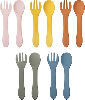 10 Pcs Silicone Baby Spoons and Baby Forks, Chewable Baby Utensils for Self-Feeding, Silicone Baby Utensils, Kids Utensils for Over 6 Months Babies
