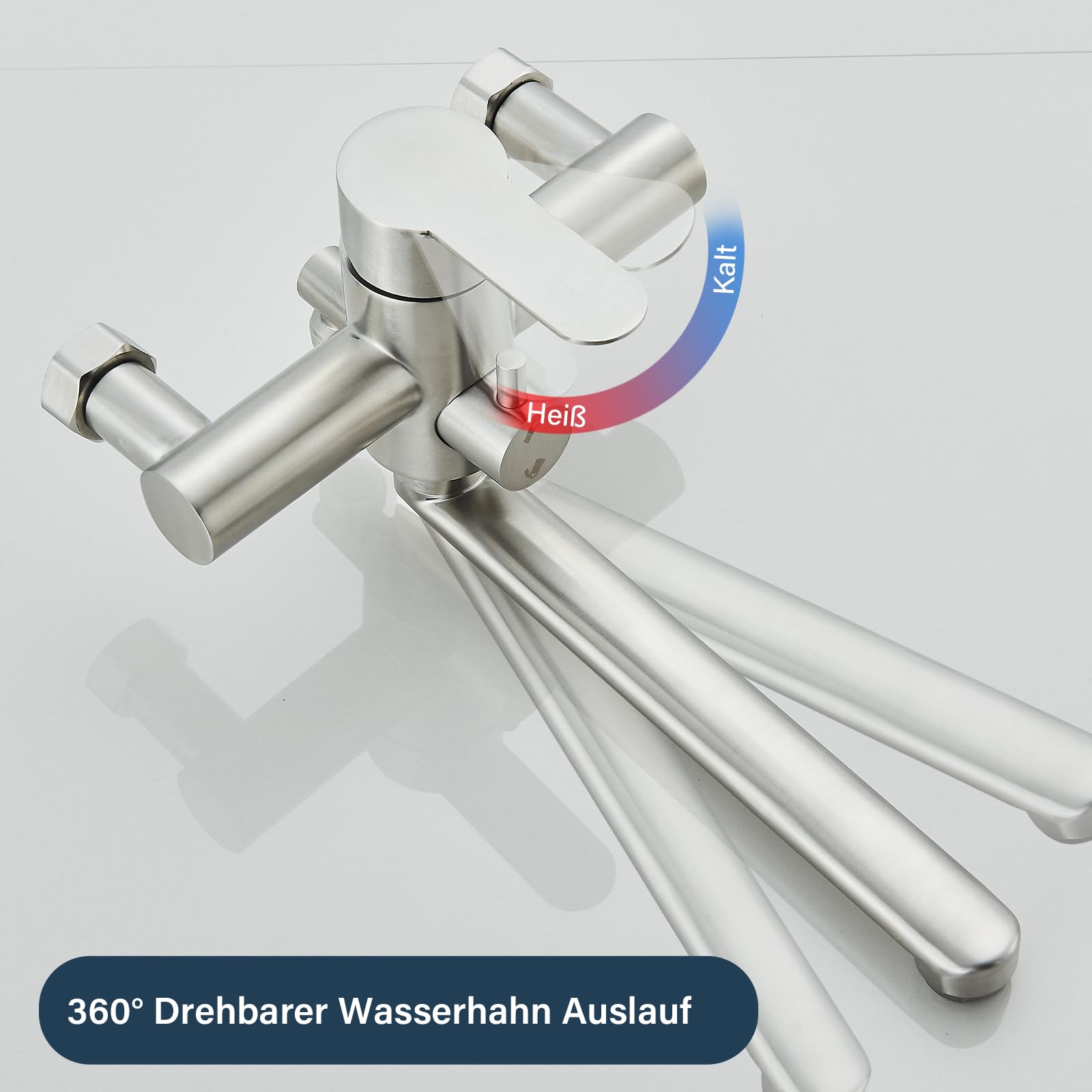 Wasserhahn Küche Wandmontage,Wandarmatur Küche mit Spritzpistole, 360° Drehbare Küchenarmatur Wandmontage Drehrohr 23cm,Gebürstet