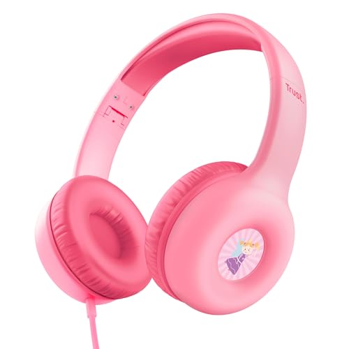 Trust Nouna Auriculares con Cable para Niños 4-10 Años, Límite de Volumen (85dB), Cascos Plegables con Micrófono Incorporado y Adhesivos, Cable 3.5mm, Auriculares Infantiles para Switch, Rosa