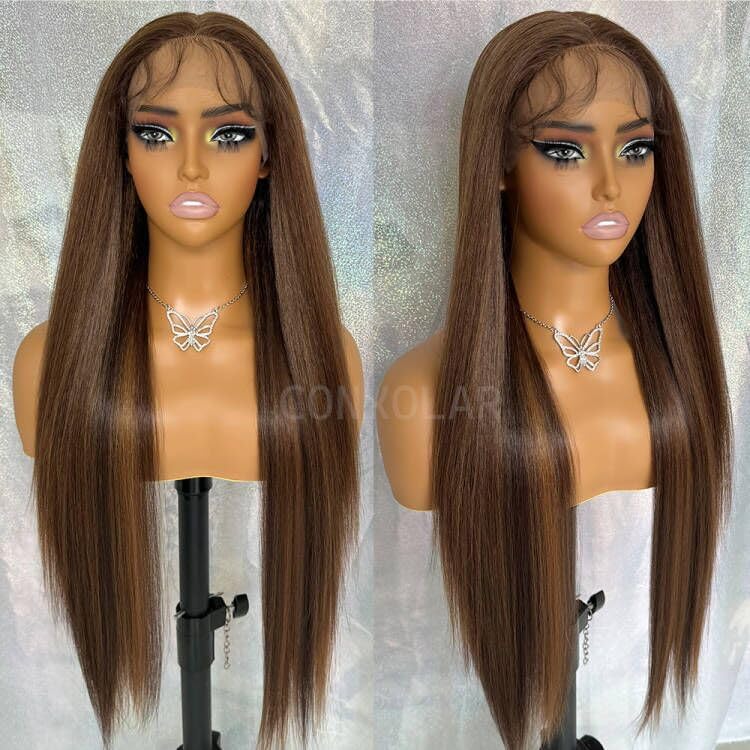 Miniatura 5 de Pelucas de encaje frontal sintético lacio marrón, sin pegamento, línea de cabello natural, con reflejos marrones, pelucas de encaje sintético marrón