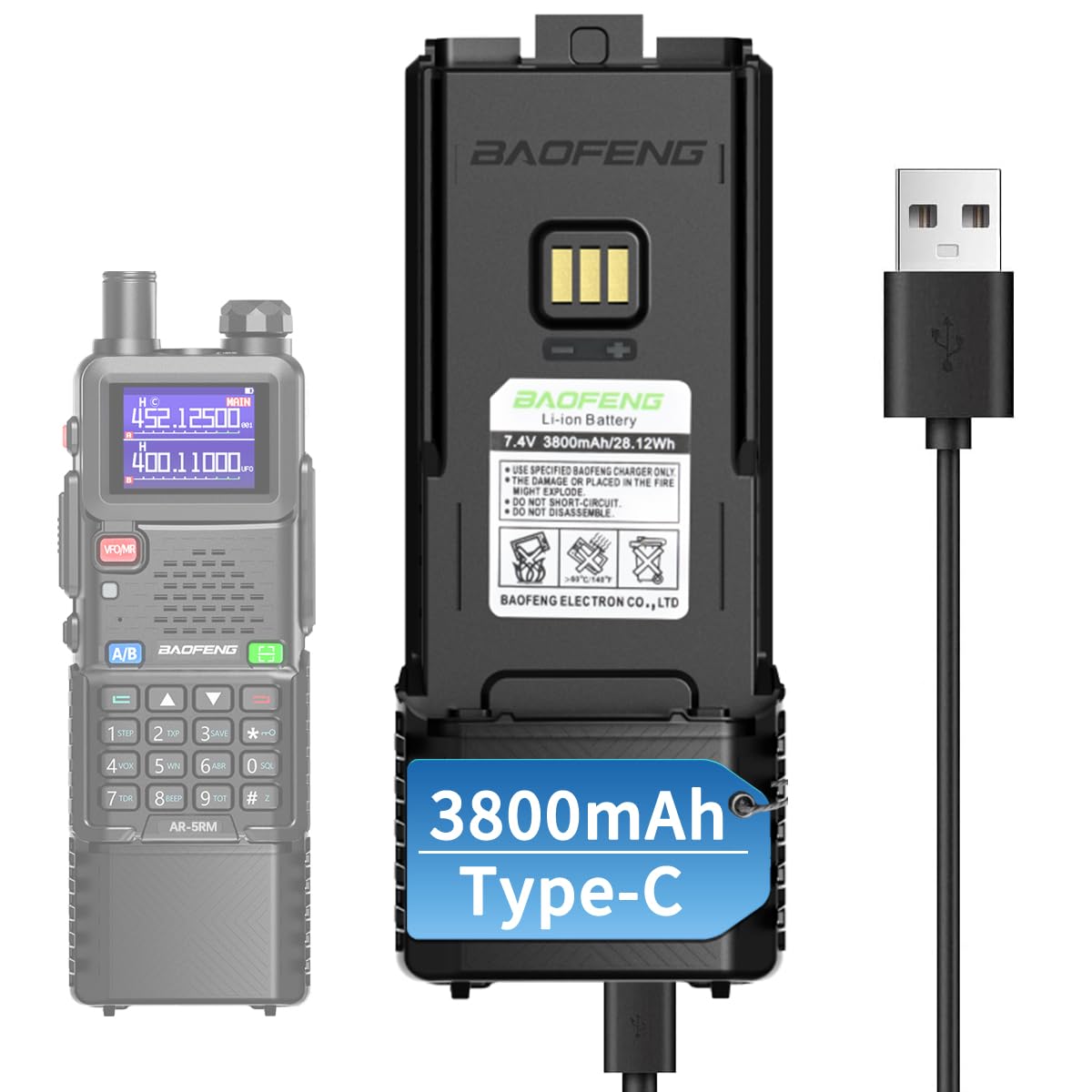 AR-5RM Baofeng Battery 3800mAh Extended Rechargeable Battery with USB-C Charging Cable for Ham Radio Compatible with BaoFeng 5RM UV-5RM UV-5G Plus 5RH Series Two-Way Radio Walkie Talkies Accessories