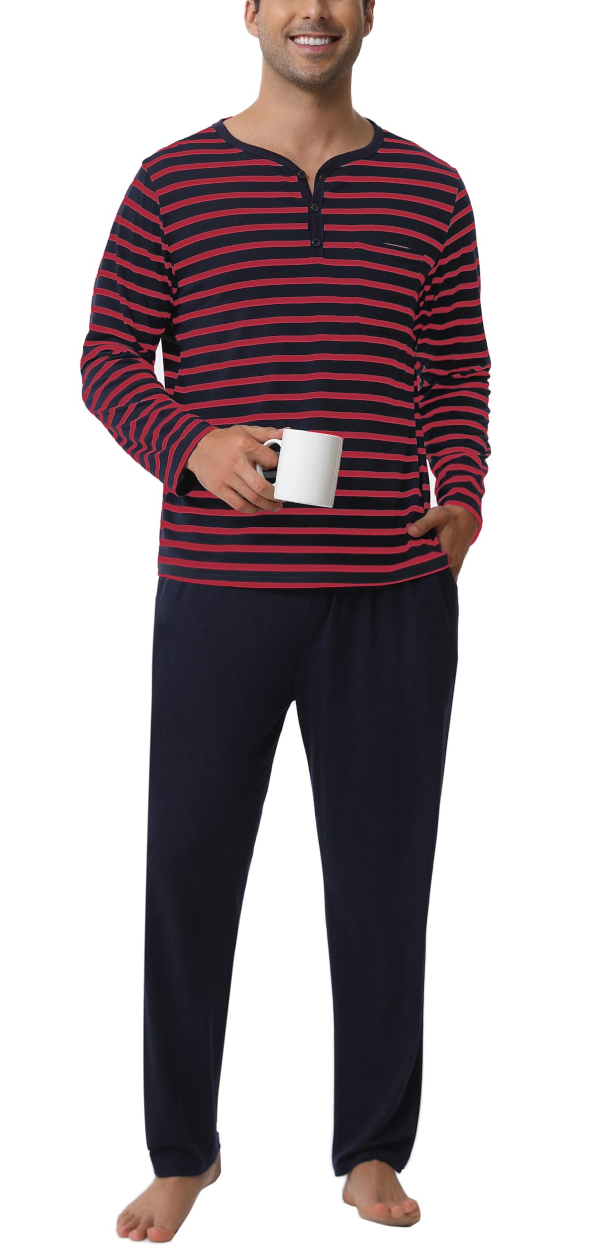 Pigiami Due Pezzi Uomo Maglia Maniche Lunghe + Pantaloni, Pigiami e Abbigliamento da Notte-Strisce/Rosso Blu/3XL