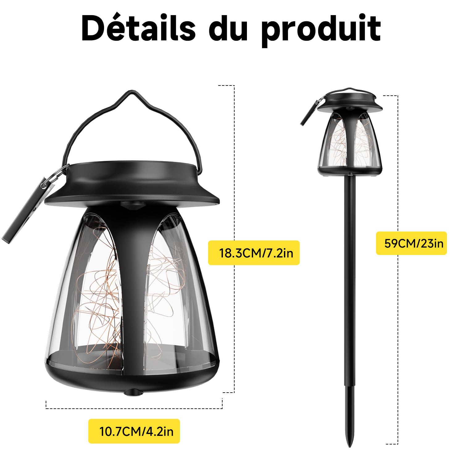 Lot de 4 Lanternes Solaires Extérieures 2 en 1 – Éclairage de Chemin à Intensité Améliorée, Étanche, Fixation Polyvalente (Suspension, Pince ou Piquet) – Idéal pour Jardin, Terrasse et Allée