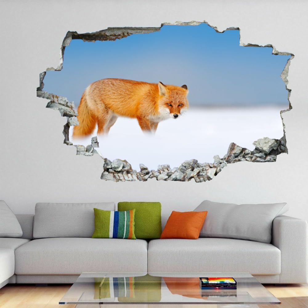 Pegatinas de pared rotas en 3D, Mural de pared de zorro, arte de Animal, guardería, dormitorio infantil, sala de estar, fondo, calcomanía de pared, decoración extraíble para el hogar