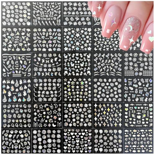 Image of MAYCREATE Aurora Moon Star Holographic Nail Art Stickers, 30 Sheets | Self-Adhesive Backing, Holographic Finish, Easy DIY Application, Moon and Star Designs, for Party Manicures and Acrylic Nail