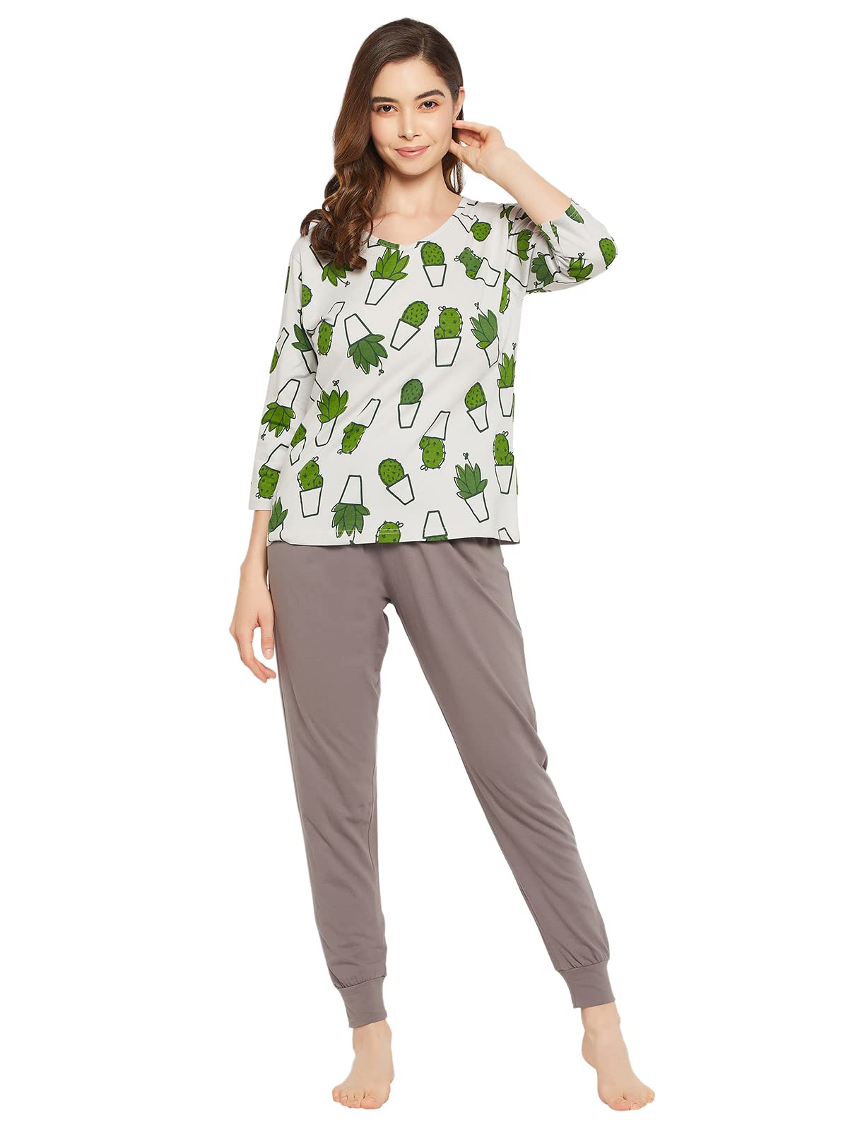 clovia Women's Cotton Cactus Print Top& Chic Basic Jogger Pajama Set-picture-11