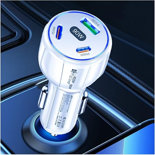 Cargador de coche USB C, 3 puertos de 90 W de alta potencia, cargador USB con QC3.0 y PD30W carga súper rápida, adaptador de cargador de coche