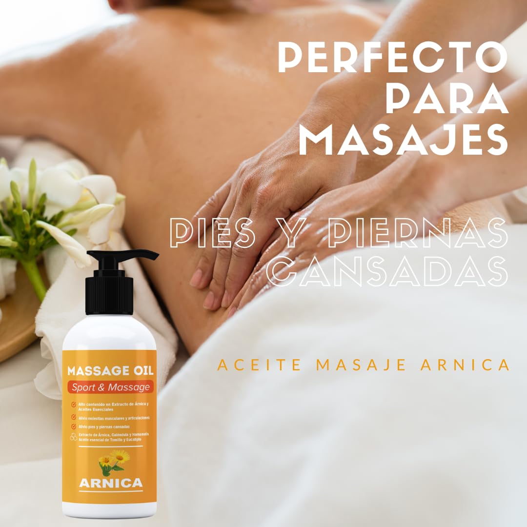 QKnatur - Aceite para masaje con extracto de Arnica, Calendula y Hamamelis (250 ml) - Ideal para masajes en musculos, espalda, hombro, pies, rodilla, contracturas - Rápida Absorción