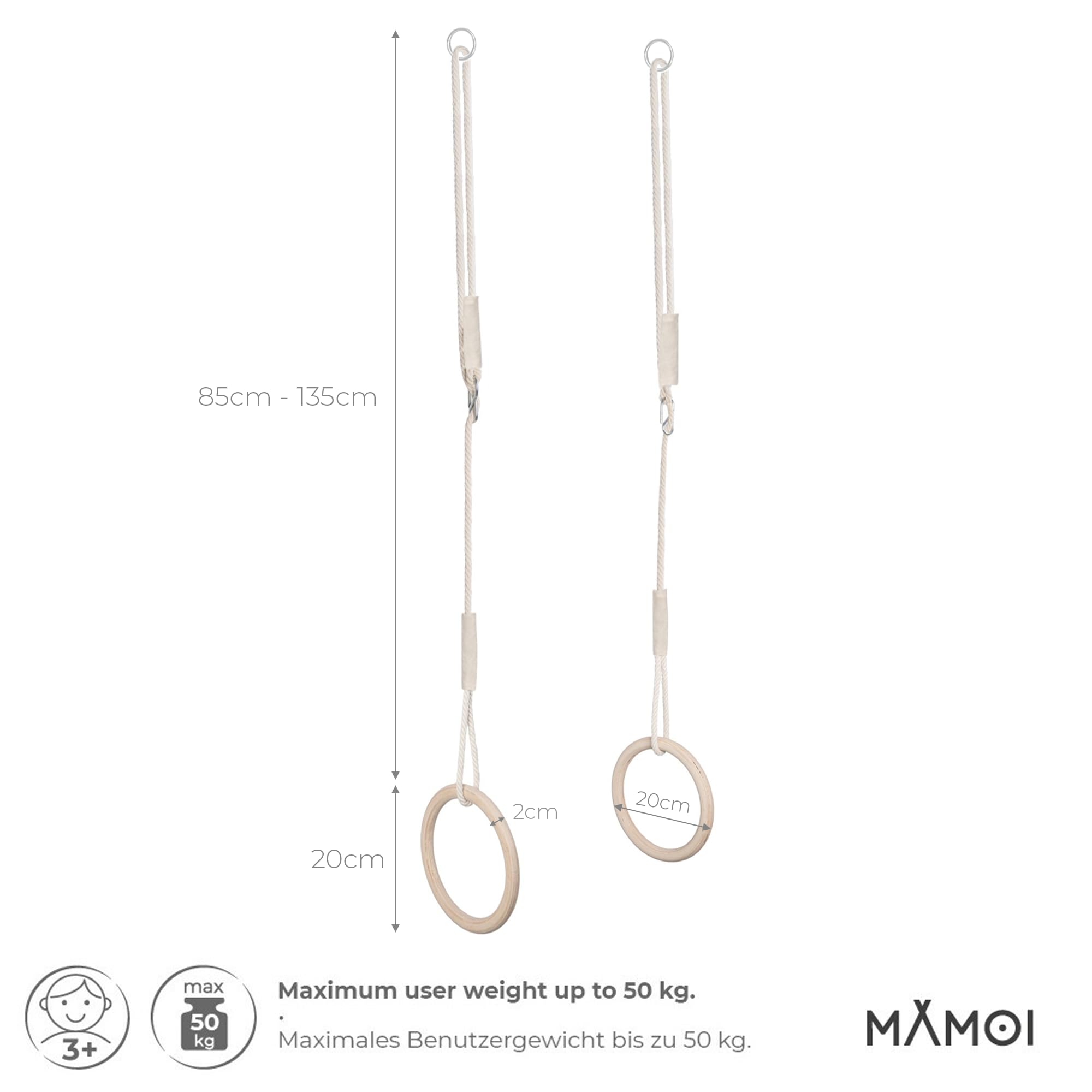 MAMOI® Turnringe aus Holz, Indoor & Outdoor Turngeräte, Gymnastikringe, Ringe Schaukel