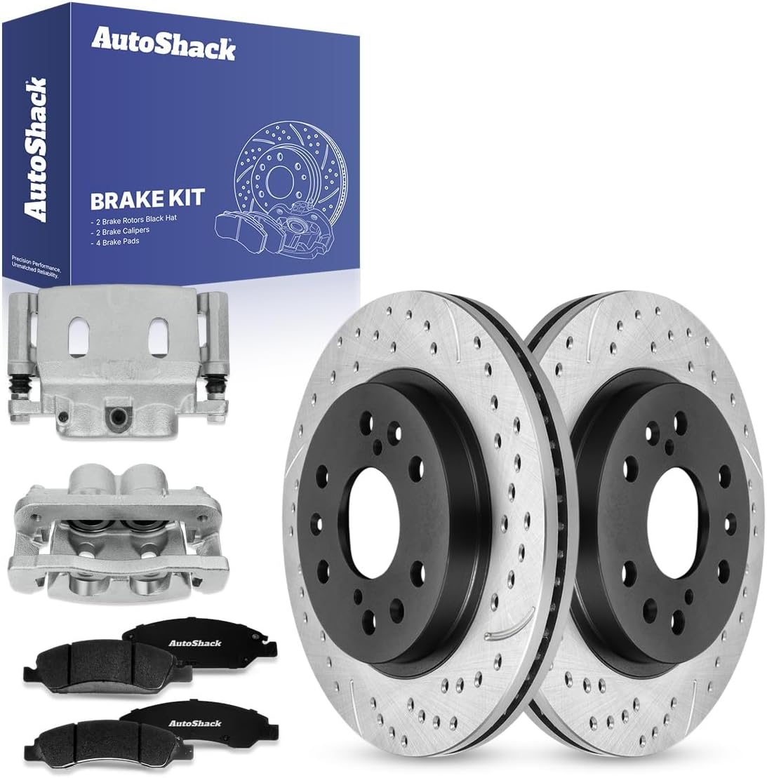AutoShack Front Vented Drilled & Slotted E-Coated Brake Rotors + Ceramic Pads + Calipers 8-PC Brake Kit Replacement for 2005-2008 Chevrolet Silverado 1500 ShadowGuard 12.99" (329.9 mm)