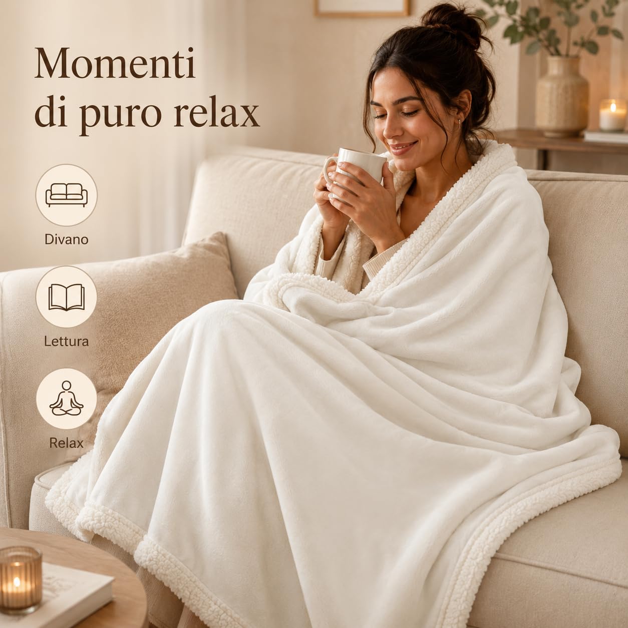 Coperta Plaid Pile, Sherpa e Flanella, 210x230 cm,Bianco