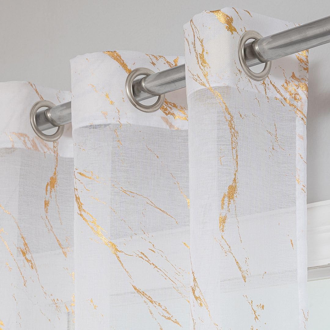 John Aird Voile Curtains - Eyelet - Gold Foil Printed Marble Design - White Linen Effect Voile (52" Wide x 54" Drop)