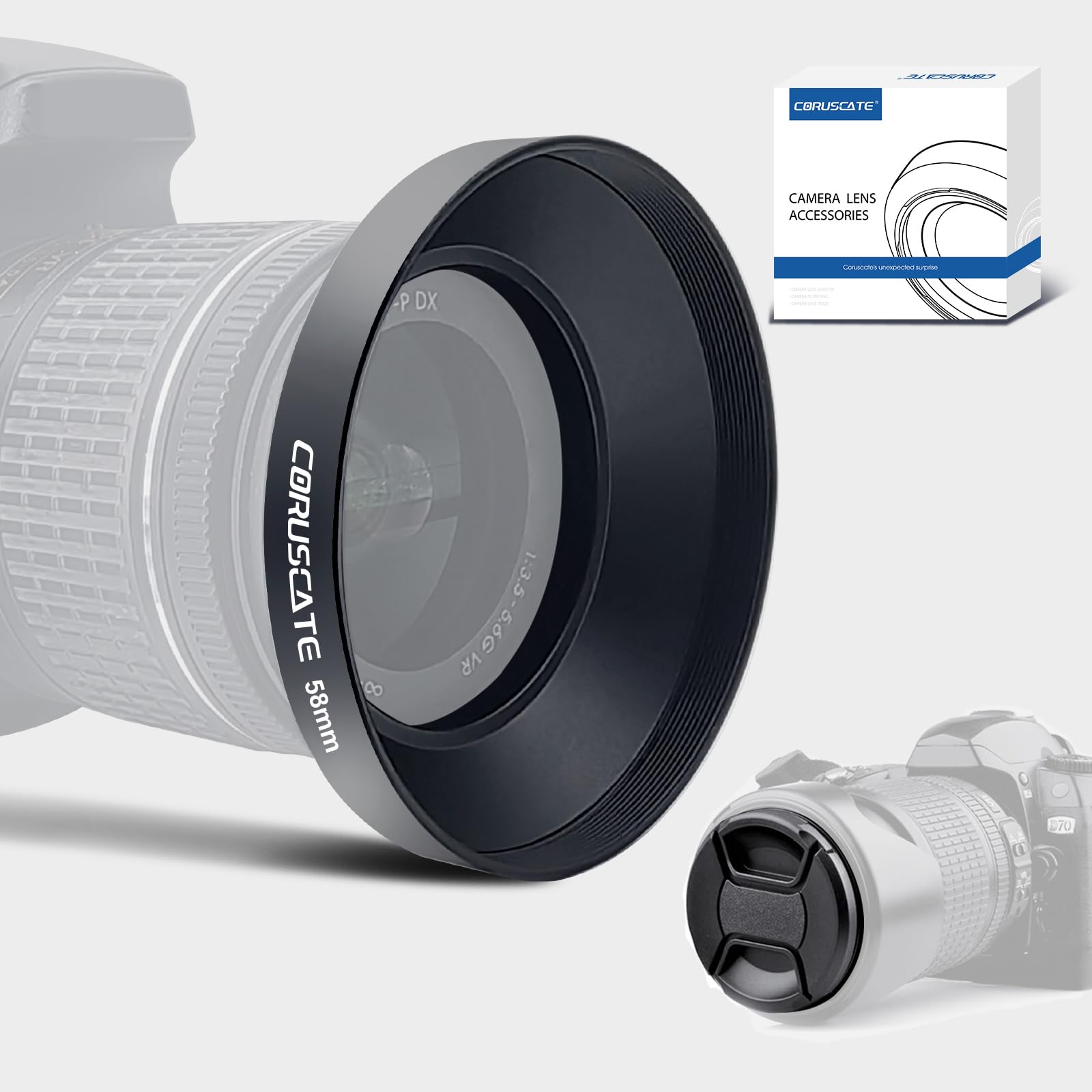 58mm Universal Metal Lens Hood,Wide Angle Lens Hood Compatible All 58mm Brands Camera Lens(and Easy to Install and Remove)+1pcs 58mm Lens Cap
