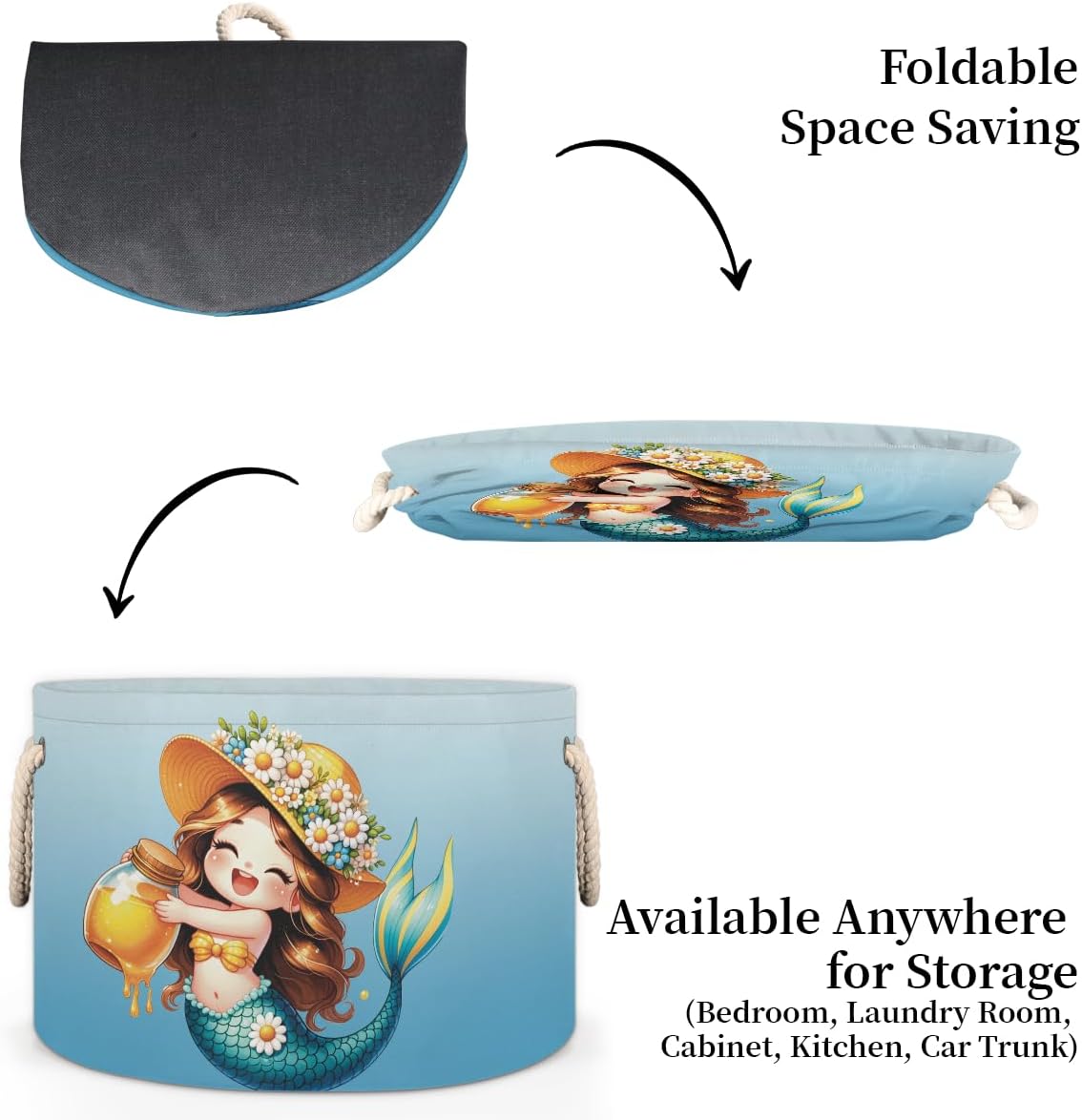 Large Round Laundry Basket Turquoise Mermaid Girls Bee Toy Bins Organizers and Storage for Girls Canvas Collapsible Blanket Storage Basket Laundry Hamper Gift Baskets Bedroom Clothes Children Nursery