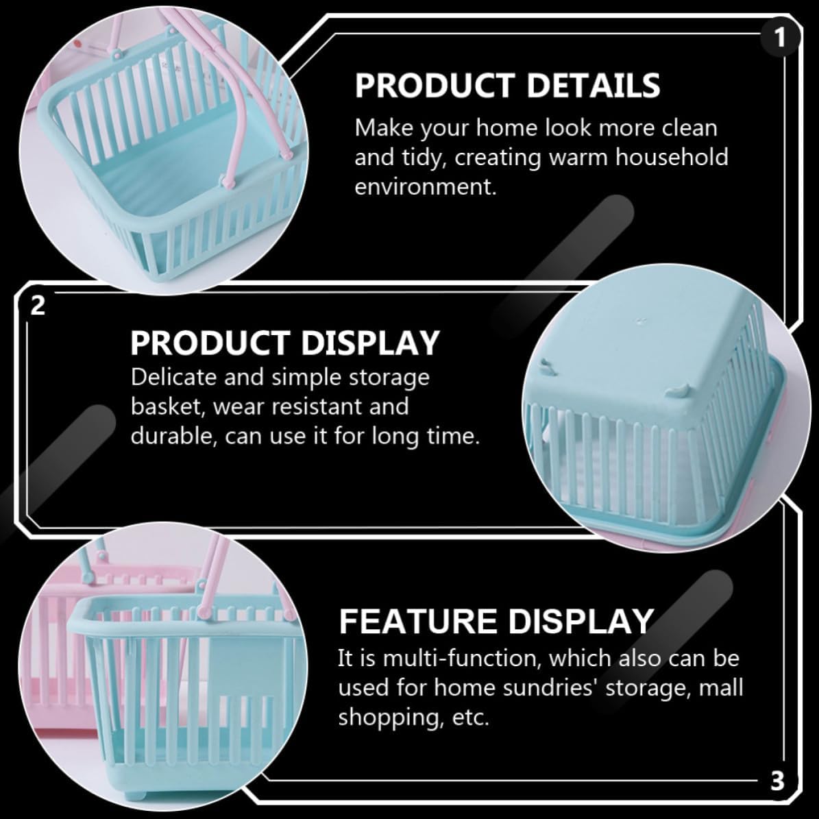 3pcs Blue PP Handheld Shopping Basket for Mall and Home Storage