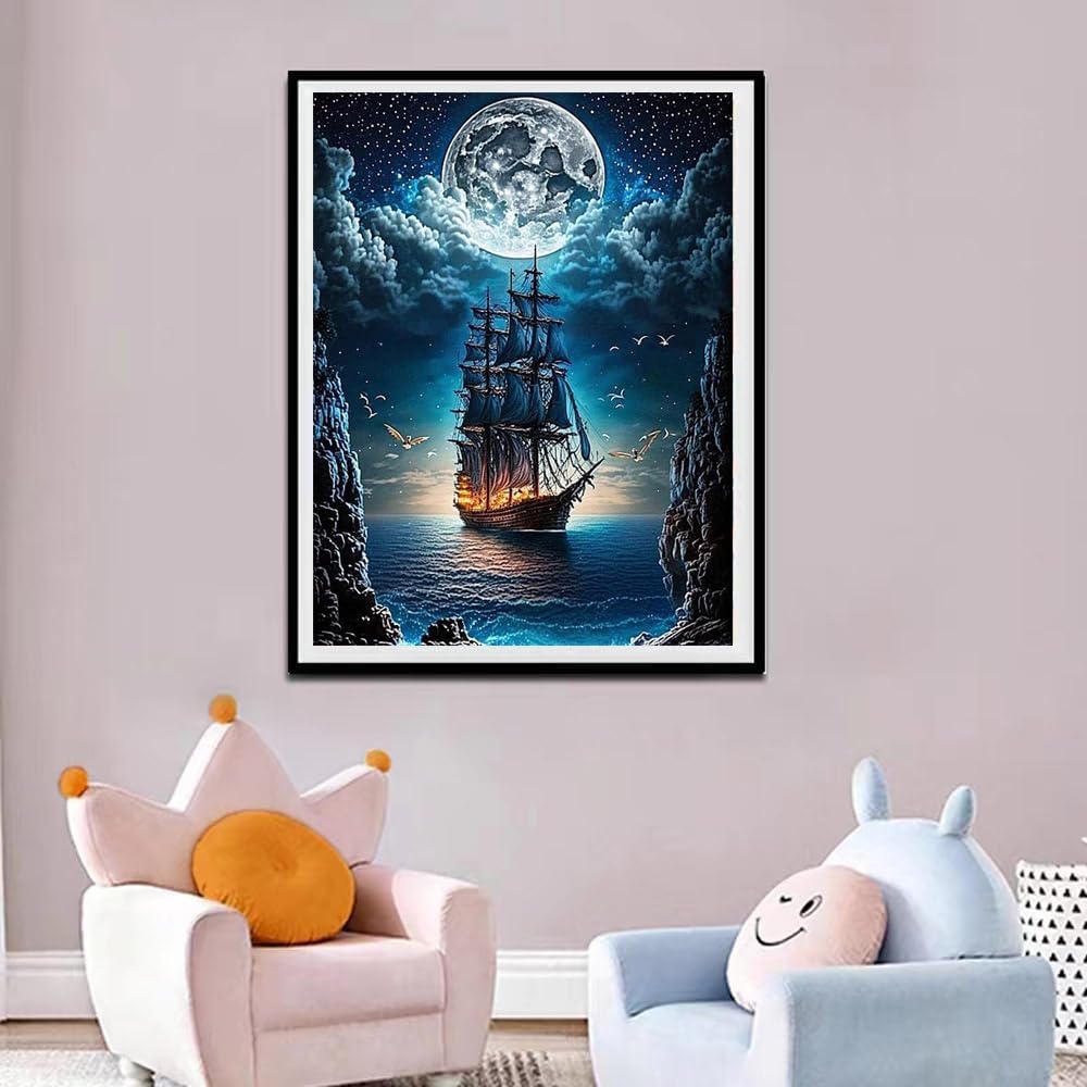 NEGHER 5D Landscape Diamond Painting Kits for Adults Beginner, DIY Steamship Moon, Full Round Drill Religious Gem Art Kits, Home Wall Decor 12x16 inch image 4