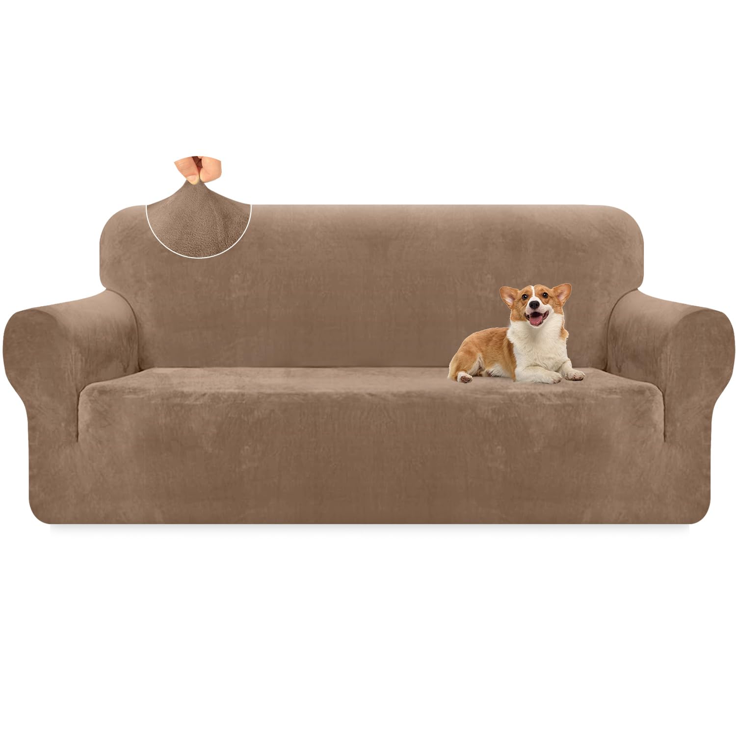 Granbest Luxury Thick Velvet Sofa Cover 3 Seater High Stretch Couch Cover Ski-friendly 4 Seasons Universal Sofa Protector for Pets and Kids (3 Seater, Camel)