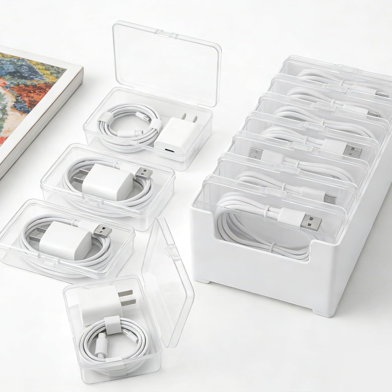6 Set Cable Organizer Box with 7 Clear Switch Case Power Cord Organizer Desktop Cable Management Box Desktop Charger Cord Storage Organizer Box for Office Home Desk Accessories Stationery Supplies