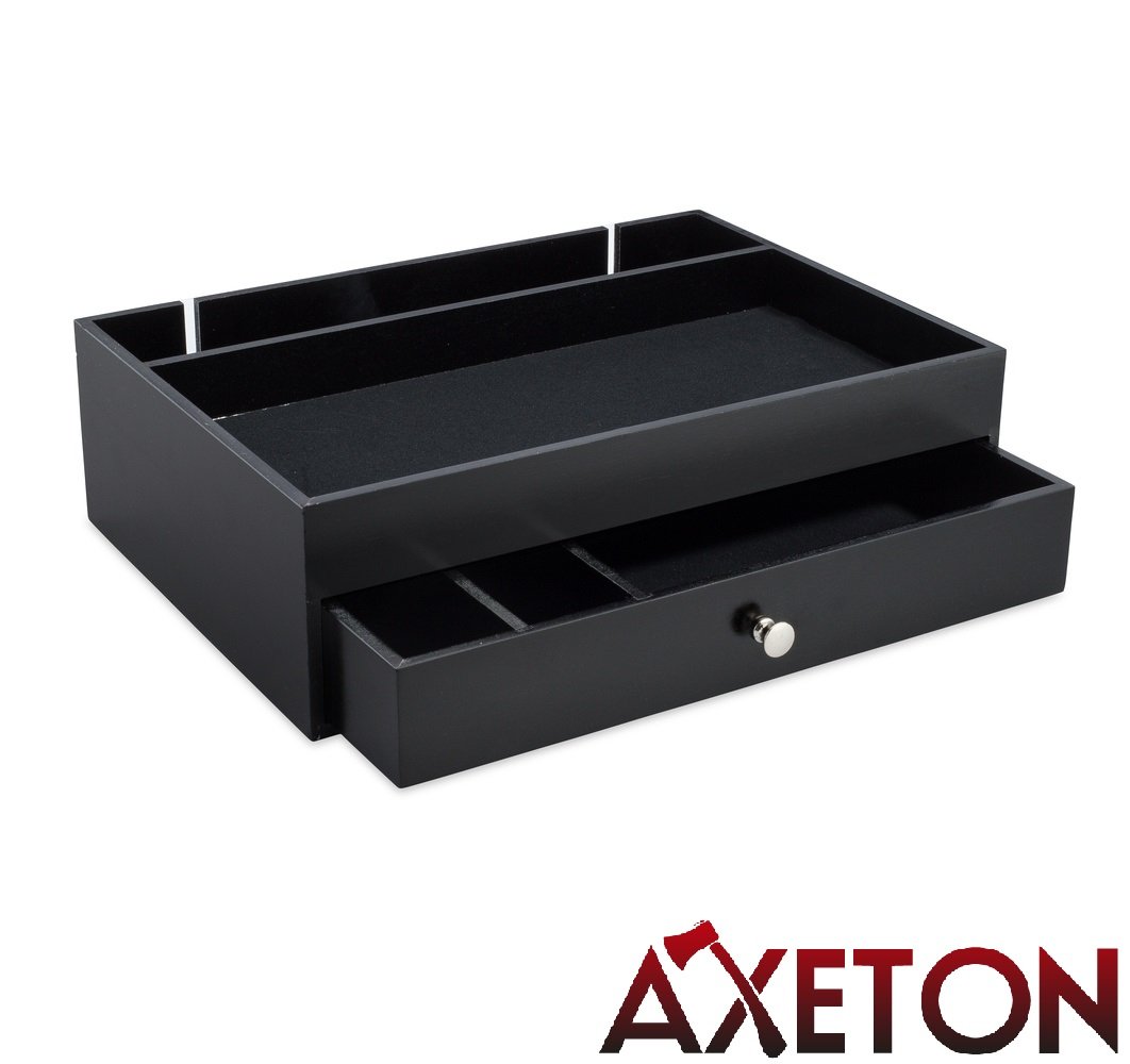 Men's Dresser Top Valet Nightstand Caddy, Wallet, Key and Jewelry Organizer Tray with Drawer and Charging Station, Wood, Black