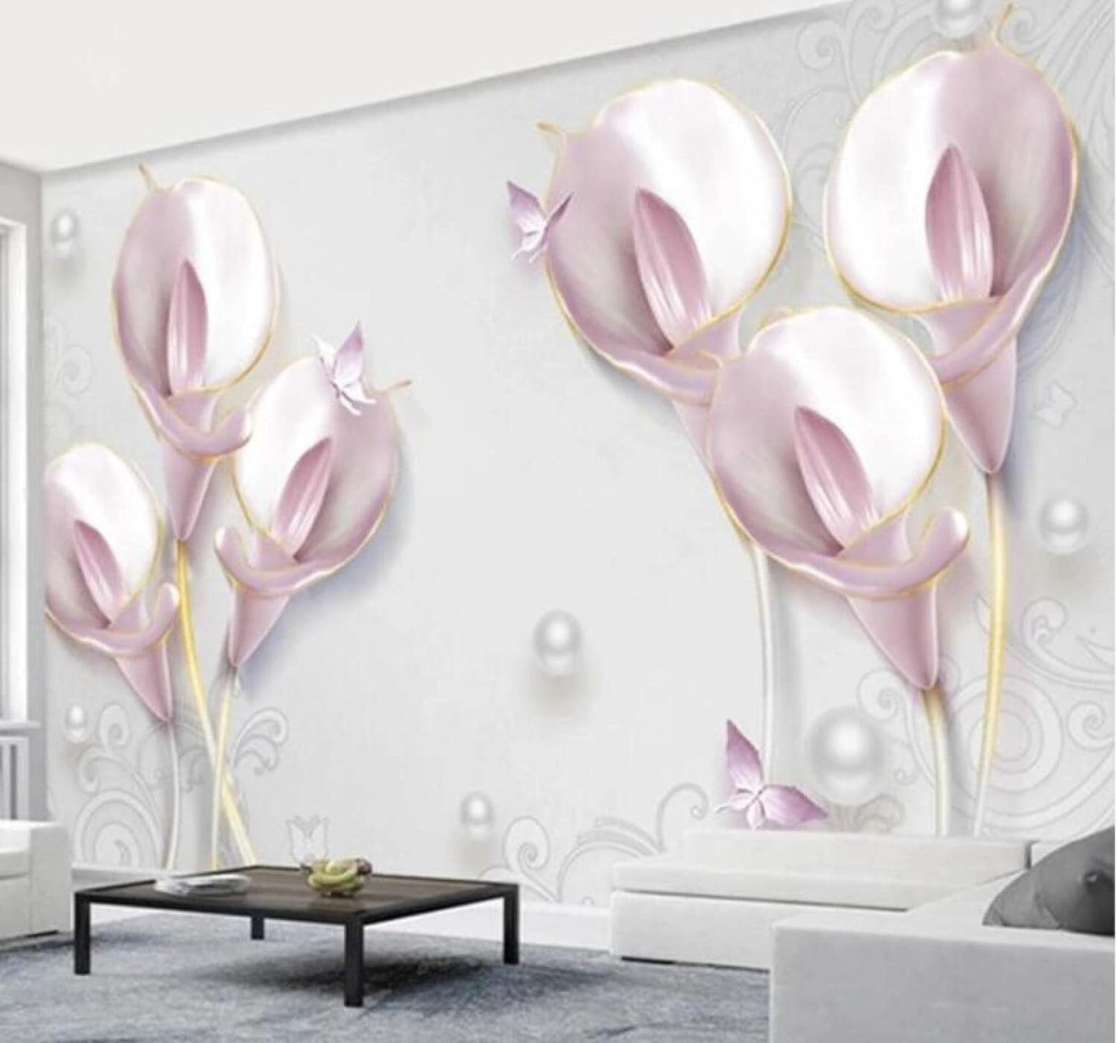 XLMING Relief Three Dimensional Pink Calla Lily Butterfly 3D Wallpaper Luxury Home Dining Decor Paste Sofa Living Room The Wall for Bedroom Mural-300cm×210cm