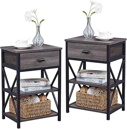 LVB Juego de 2 mesitas de noche industriales, mesita de noche pequeña y moderna con cajón, mesa auxiliar estrecha de metal de madera con estante de