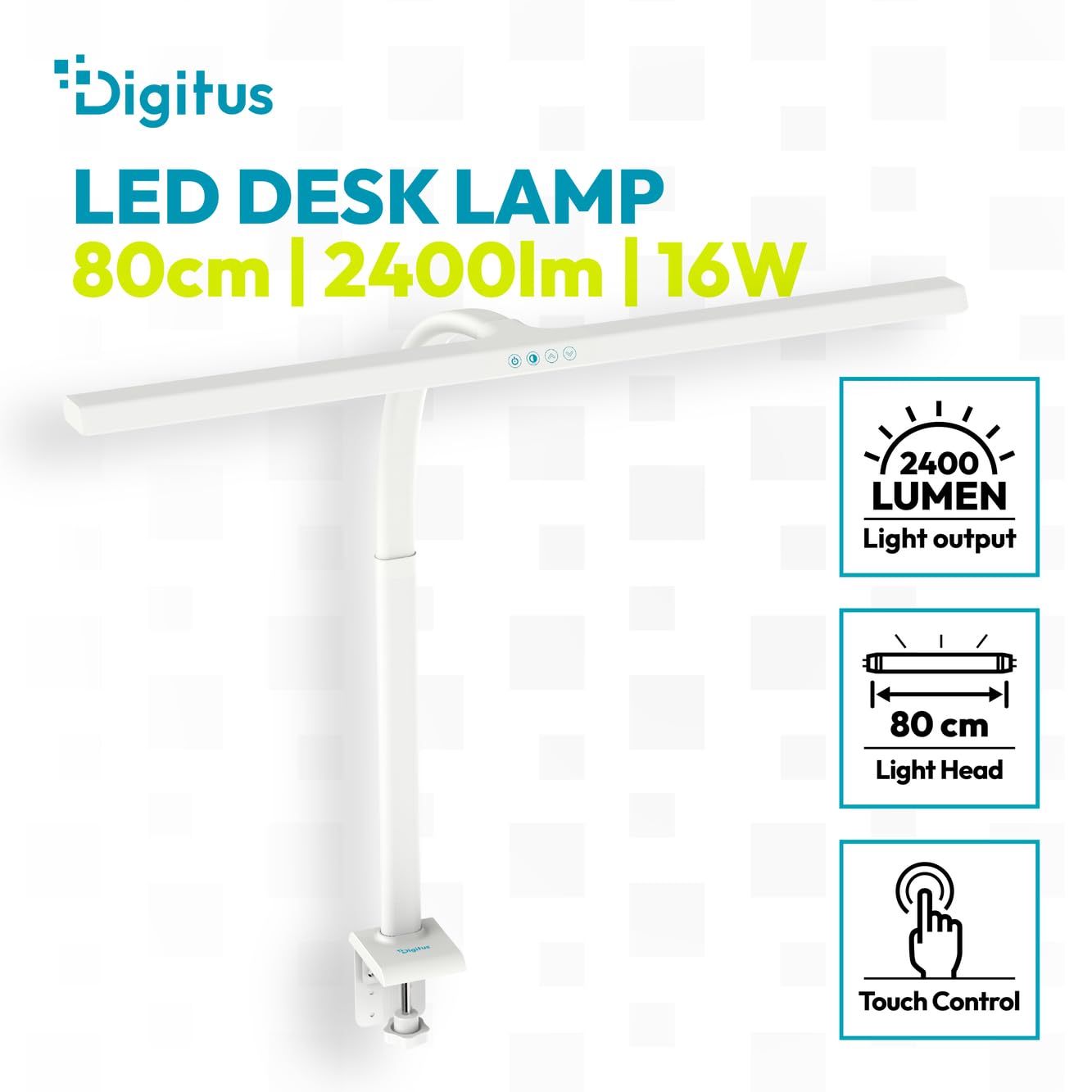 Digitus Lampada da scrivania a LED – 2400 lumen – 80 cm di larghezza – 16 W | 1000 lux – Temperatura di colore a 4 livelli – Regolabile – Comando touch – Braccio flessibile – Base a morsetto – Bianco