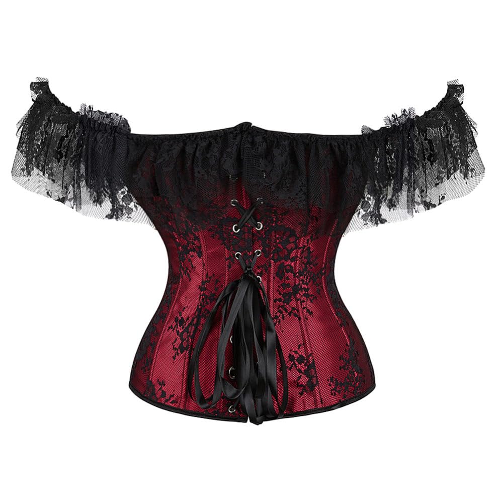 Corsetto Bustier A Maniche Corte In Pizzo Bordeaux Per Donna - Sexy Push Up Overbust Corsetto Basco Bustier Femminili Con Controllo Della Pancia, Bralette Da Festa Punk Gotico Body Shaper Top Da Donn