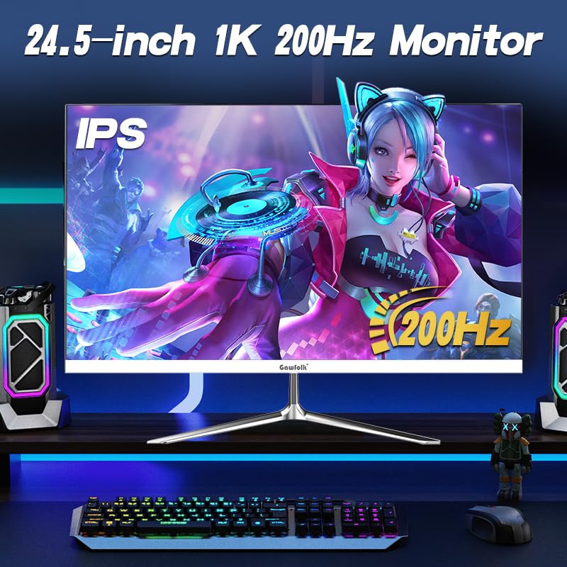 Gawfolk 24,5 Zoll Gaming Monitor mit Lautsprechern, 200 Hz PC Bildschirm FHD 1080P Rahmenlose Computermonitore, DisplayPort, HDMI, Augenpflege – Bild 6