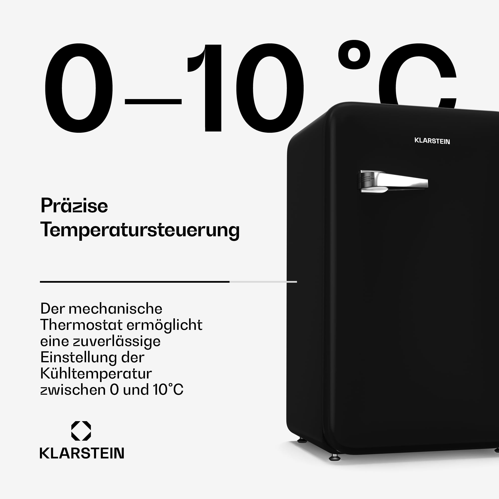 Klarstein Audrey Evo 90L Retro Mini Kühlschrank - Leise 40 dB, Kompakter Kühlschrank Klein mit Verstellbaren Füßen, Wendetür, Mechanischem Thermostat, Schwarz