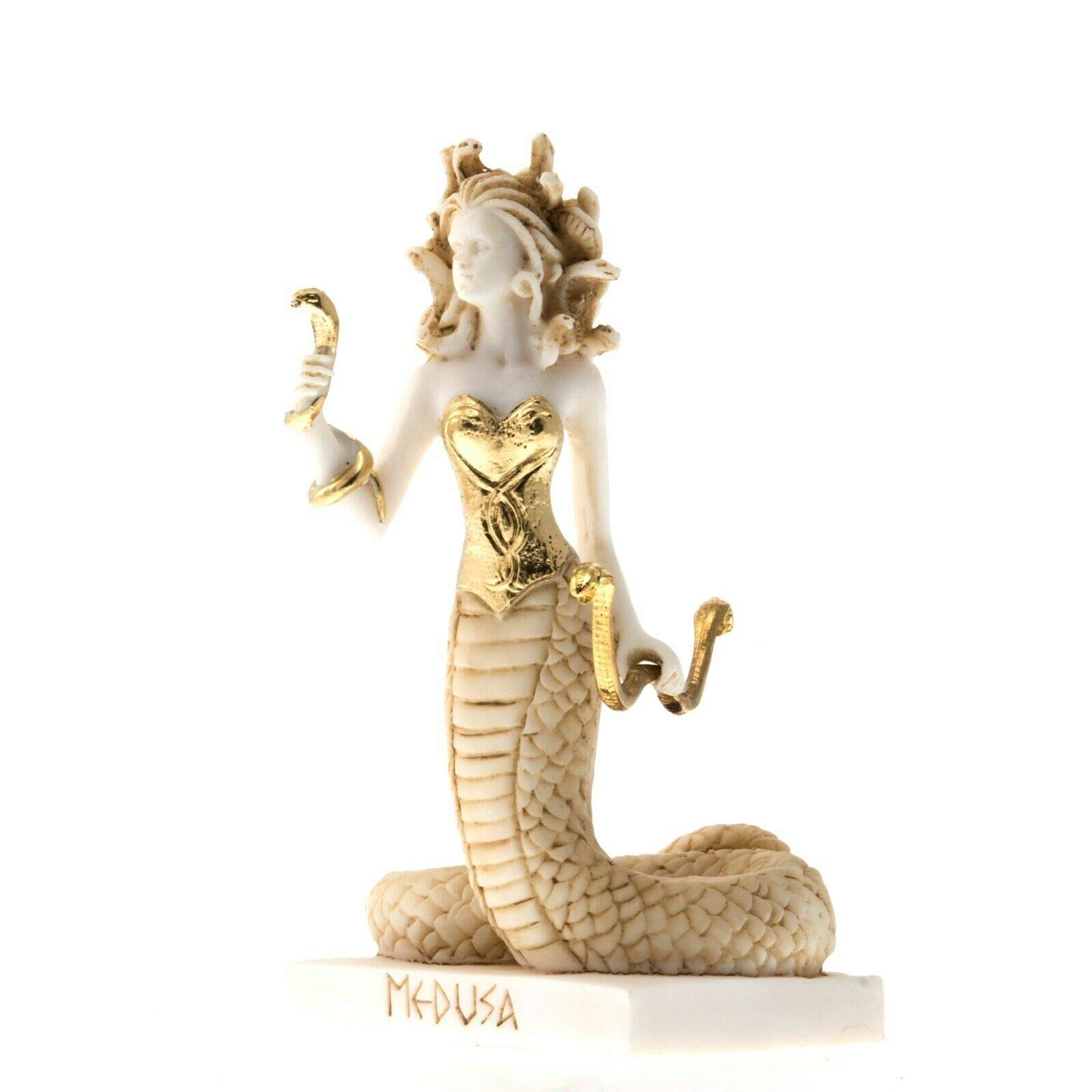 Beautifulgreekstatues Gold Medusa Ancient Greek Snakeheaded Monster Statue Alabaster Tone 6.69''