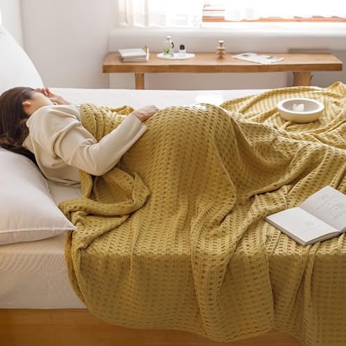 songlibing ワッフルケット 綿100％ タオルケット シングル150*200㎝ ブランケット 夏用 冷房対策 キルトケット おしゃれ 無地 洗える 寝具 イエロー [5]