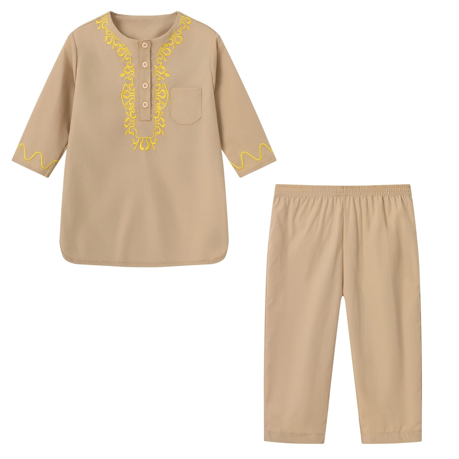 Girls Boys Muslim Clothing Set Long Sleeve Kaftan Suit Middle East Youth Embroidered Top with Pants Islamic Abaya