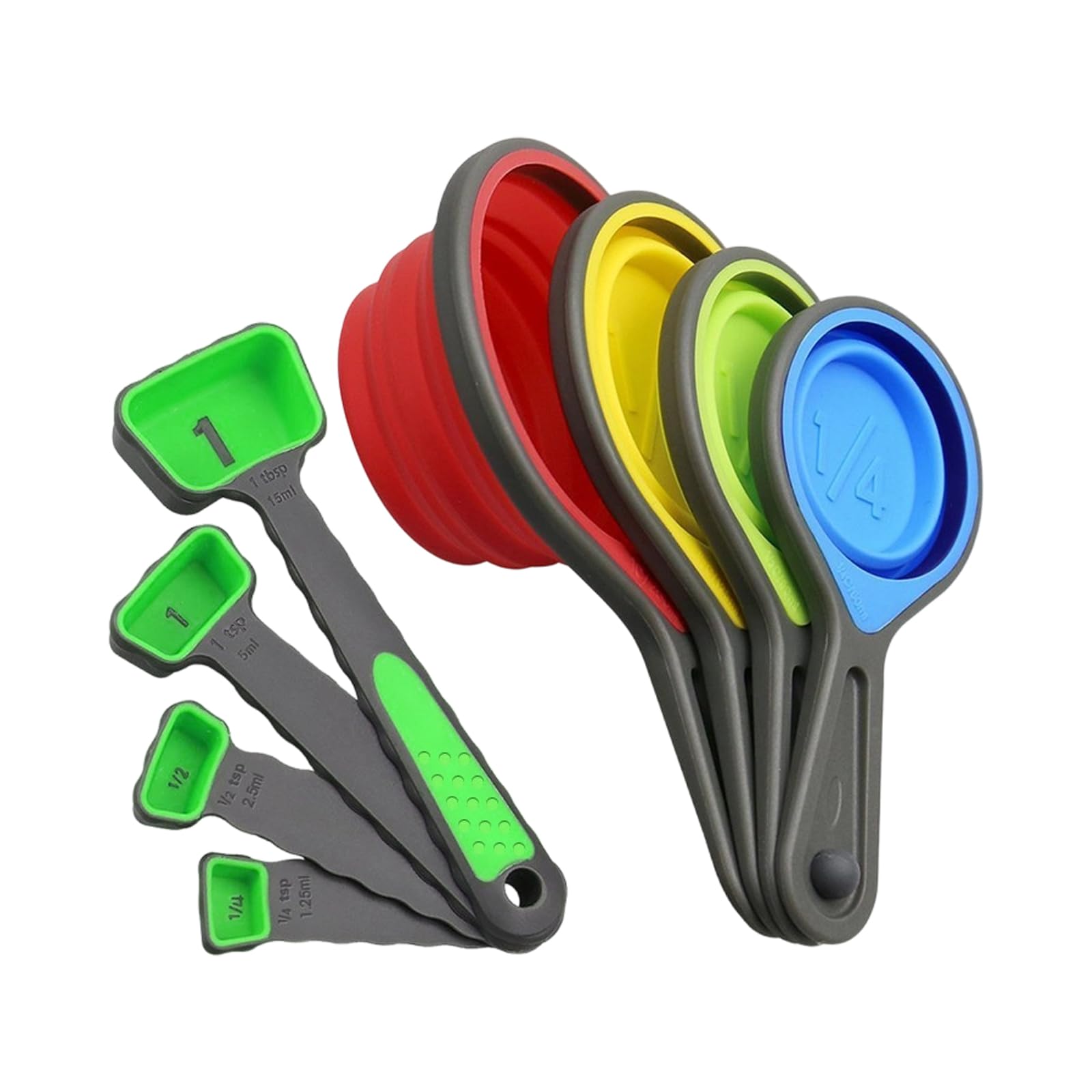 OSNIYAW Collapsing Silicone Measuring Cups and Spoon Set for Kitchen Measurements Tool with Clear Engraved Markings Foldable Kitchen Measuring Utensils