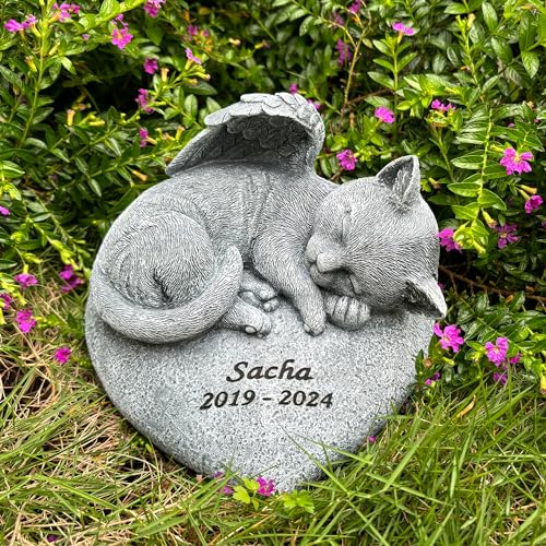 Youruitom Custom Angel Cat Memorial Grave Marker Tribute Statue,Personalized Pet Cat Headstone Memorial Gift Garden Stone, Engraved with Name and Date,Gift for Sweet Kitty