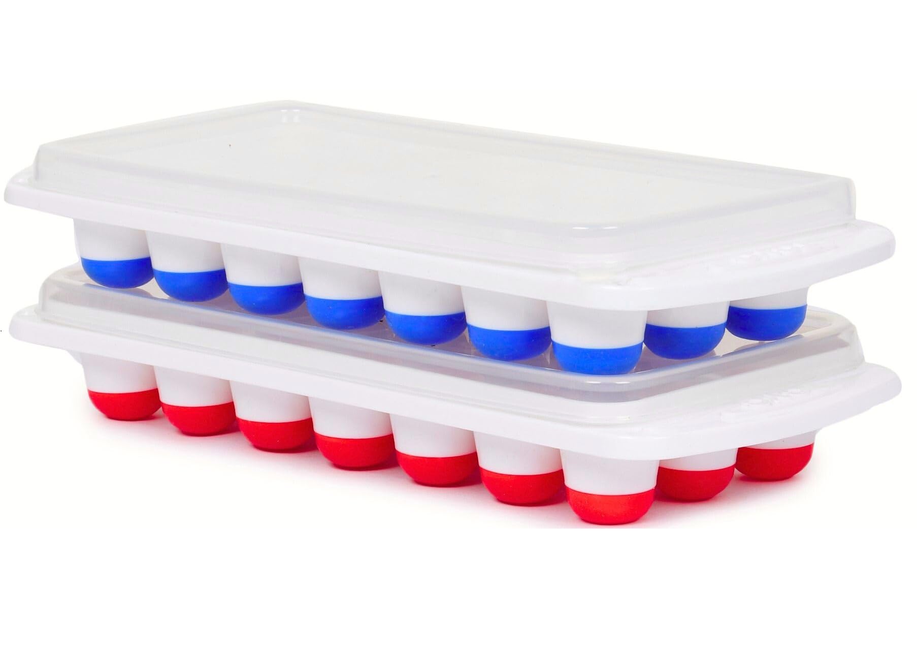 Aashu Ice Cube Tray with Lid, 21 Cubes, Silicone Push Design, Stackable, Dishwasher Safe, Blue and Red, Pack of 2