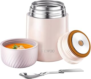FEWOO Food Thermos - 20oz Vacuum Insulated Soup Container, Stainless Steel Lunch box for Kids Adult, Leak Proof Food Jar with Folding Spoon for Hot or Cold Food (White)