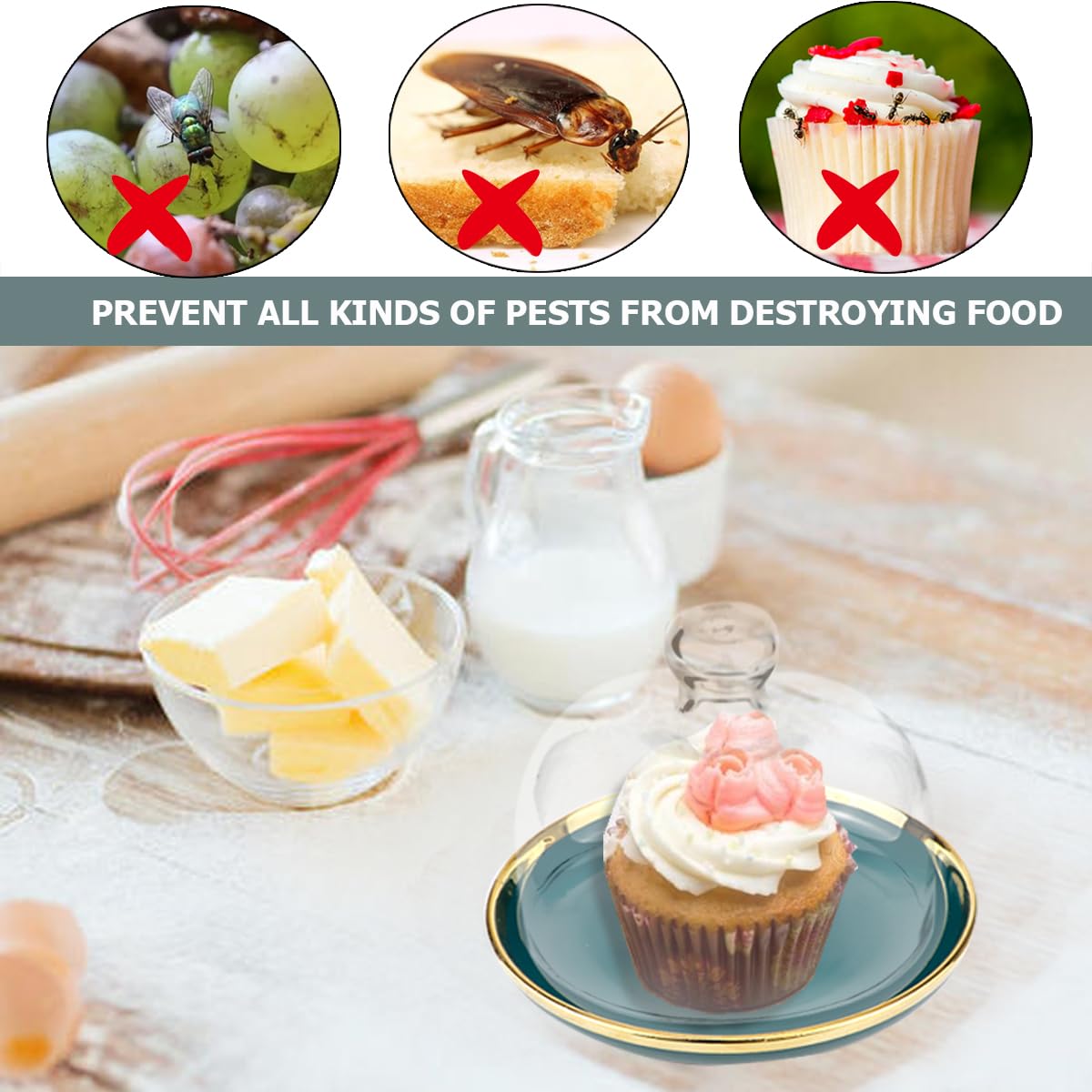 DOERDO Présentoir à gâteau avec dôme, plateau de service en céramique avec dôme en verre transparent, pour macaron, fromage, desserts, 15,2 x 12,9 cm, vert