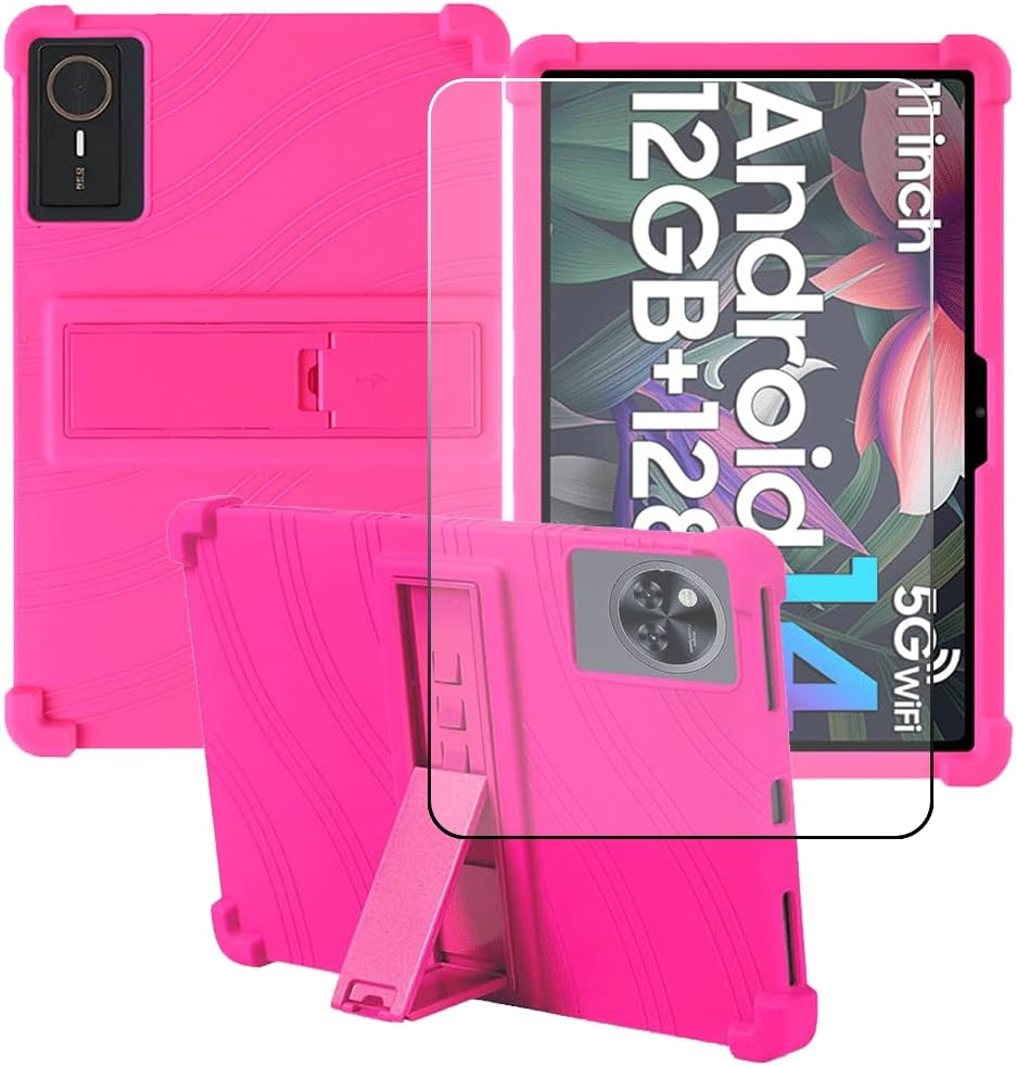 Compatible for BNCF Bpad Mini AD8Z 8.4 Inch Tablet Case + Screen Protector Tempered Glass Film, Soft Silicone Full Coverage Adjustable Stand Protective Tablet Cover, Rose