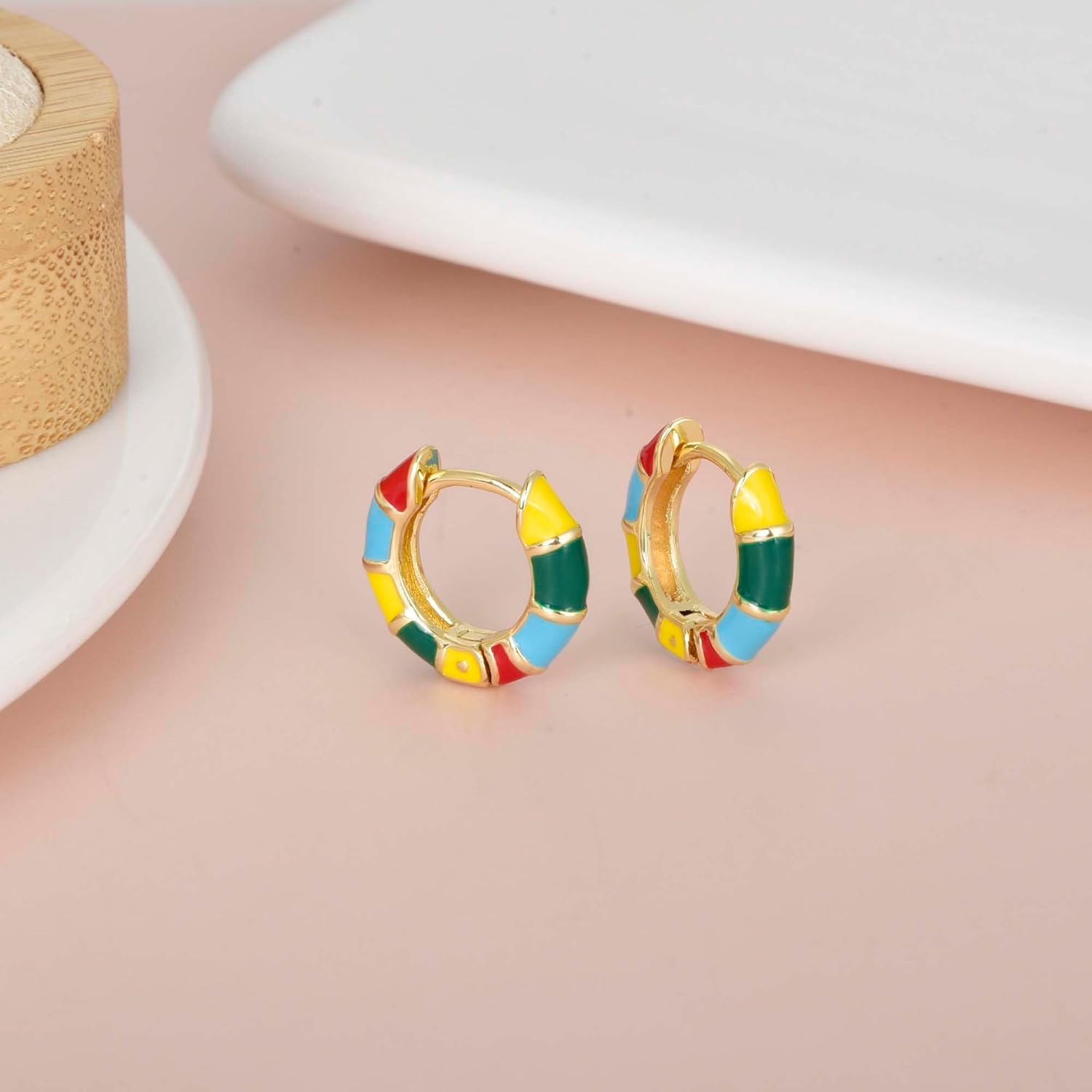 Colorful Enamel Hoop Earrings for Women 14K Gold Plated Huggie Earrings Color Block Enamel Statement Earrings Hinged Hoop Jewelry - Image 5