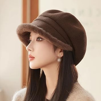 YCKEGEW Fashionable Ladies Hats Winter Warm Beret with Faux Fur Brim,Ladies Girls Fashion Hats Beanie Cap for Women,Vintage Flat Chic Hat Newsboy CapsDark Brown