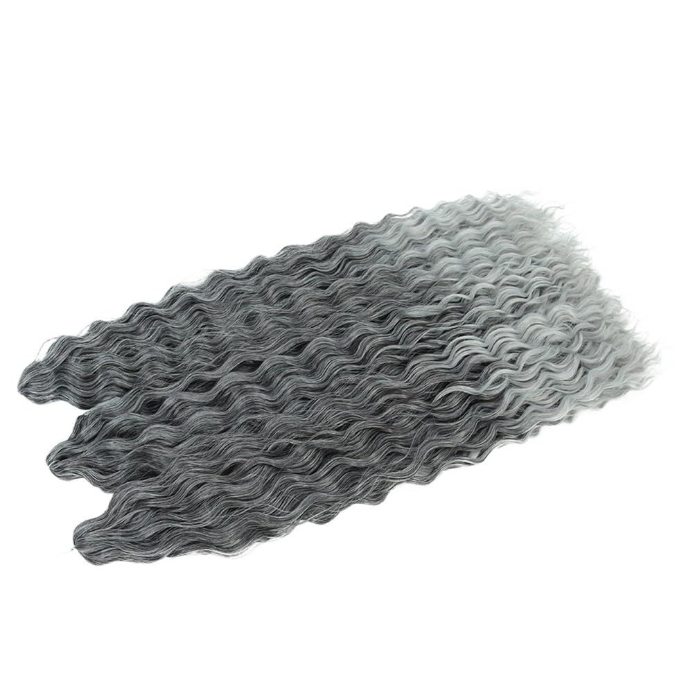 Zestaw 3 długich kręconych peruk, szydełkowe falowane włosy oceaniczne dla czarnych kobiet, głębokie warkocze do warkoczyków boho (TB-Grey, 22 cale-55 cm)