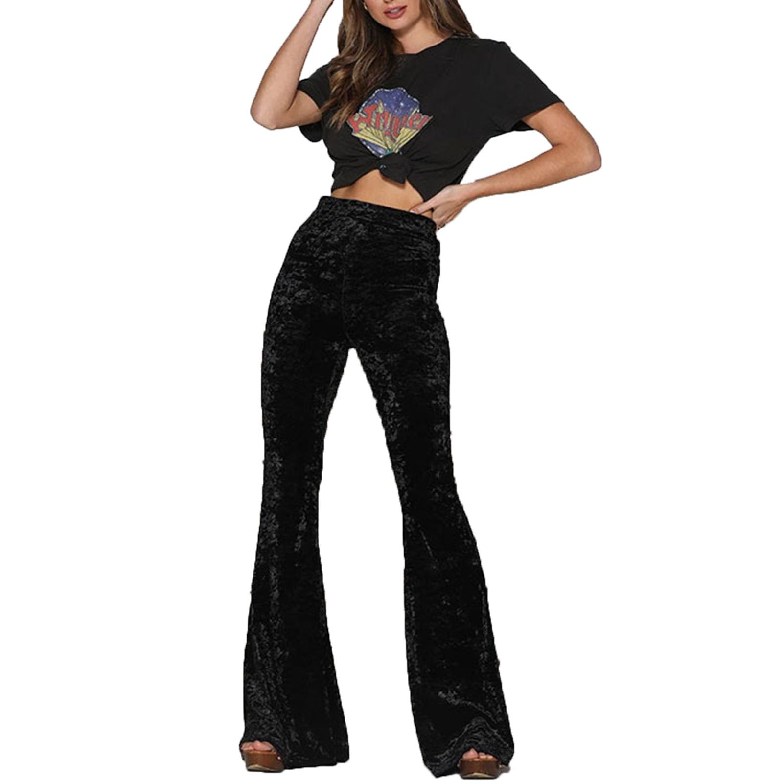Womens Velvet Bell Bottoms Ladies High Waisted Velvet Flared Pants Trousers