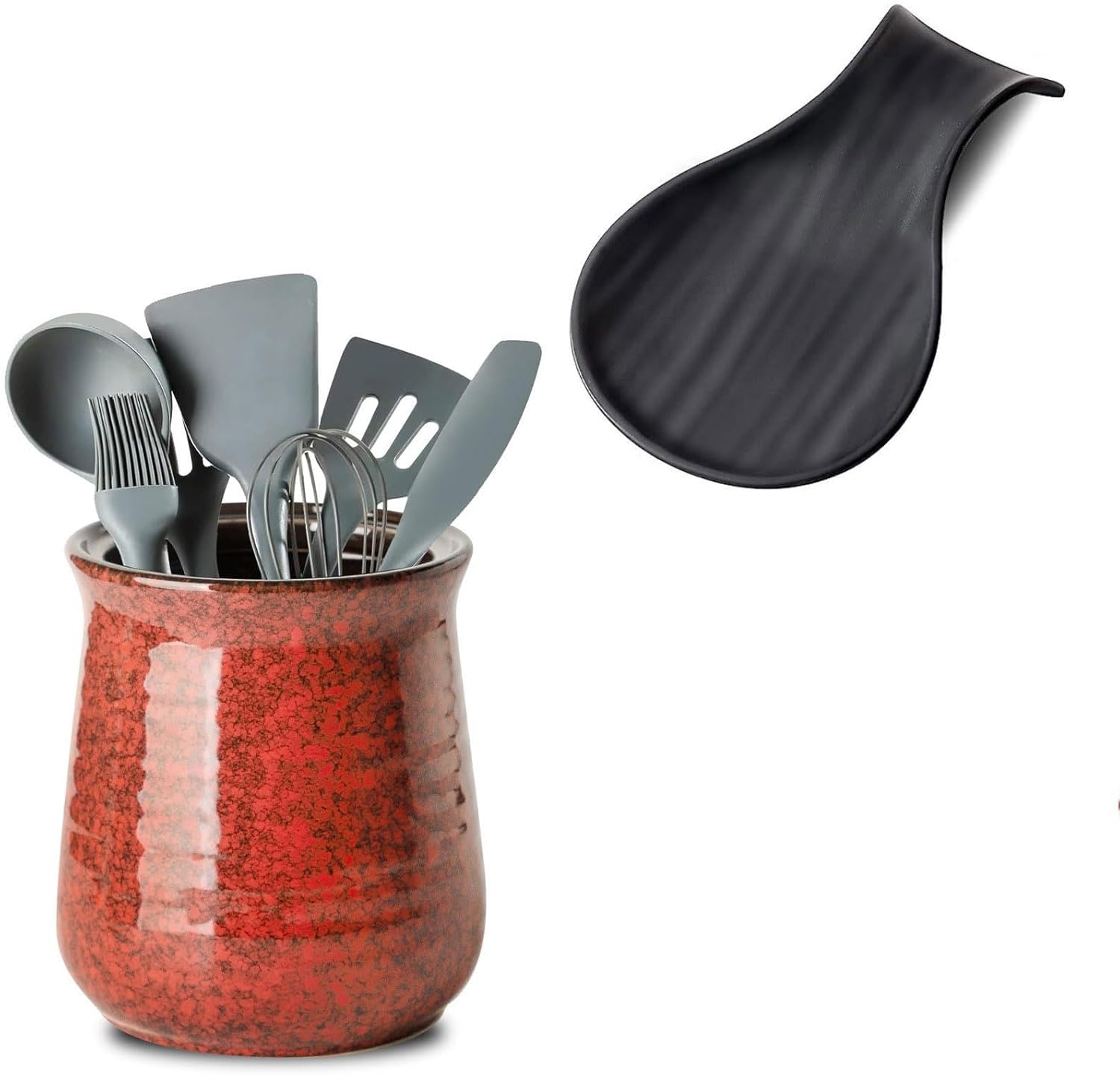 Hasense Large Vintage Red Utensil Holder Crock - 7.1” x 5.9” and Matte Black Porcelain 7 Inch Spoon Holder