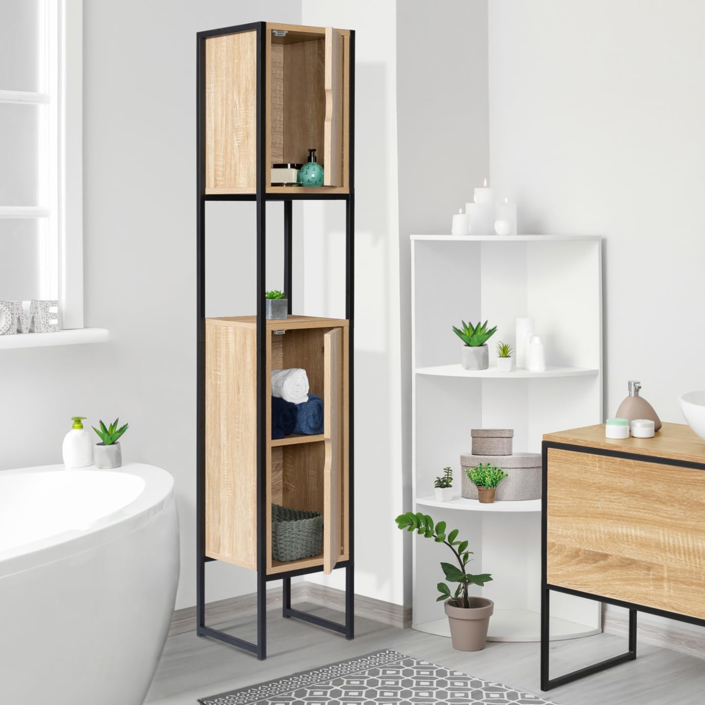 IDMarket - Meuble Colonne Salle de Bain Detroit 2 Portes 1 Niche Design Industriel