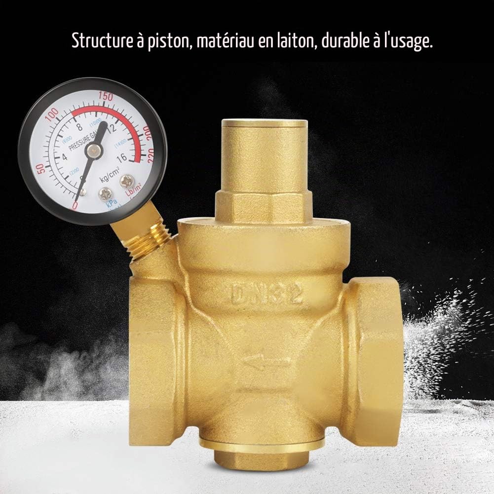 Réducteur de pression, Économiseur d'énergie Installation Facile Durabilité Haute Performance Régulateur d'eau DN32 Laiton Jauge 1.6MPa Valve Ajustable BSP 1-1/4" pour Maisons