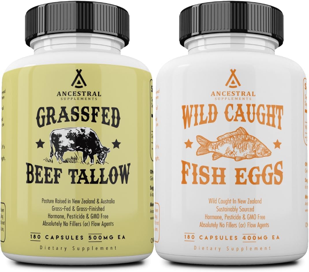Sponsored Ad - Ancestral Supplements Grass-Fed Beef Tallow 3000mg & Wild Caught Omega 3 Fish Oil 2400mg Capsules, Nourishing Kidney Fat & Fish Eggs Supplements, Vitamins D/K2, Non-GMO, 180 Capsules (Bundle 2 Pack)