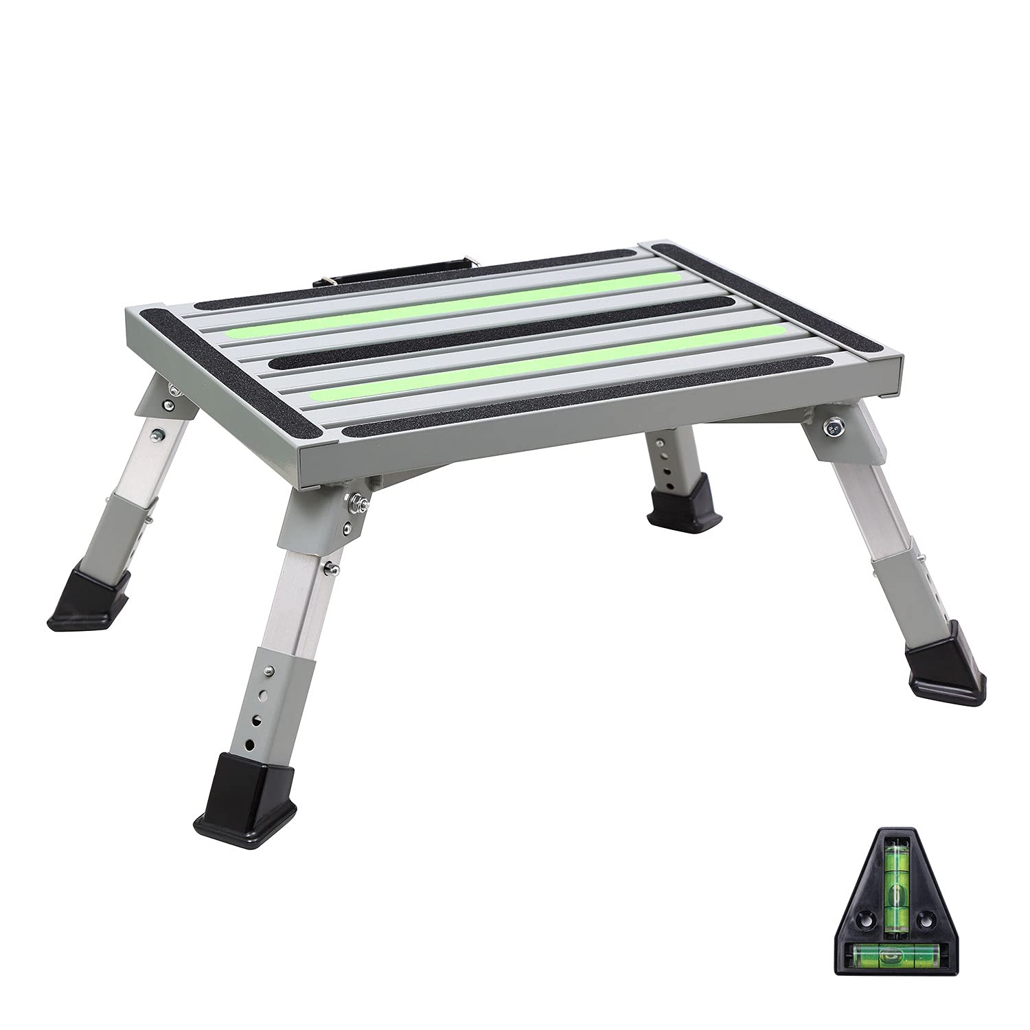 n Wheels Aluminum Safety RV Steps Adjustable Height Folding Platform Step with Friction Strips Non-Slip Rubber Feet and Handle RV Step Stool Supports Up to 1000lbs.